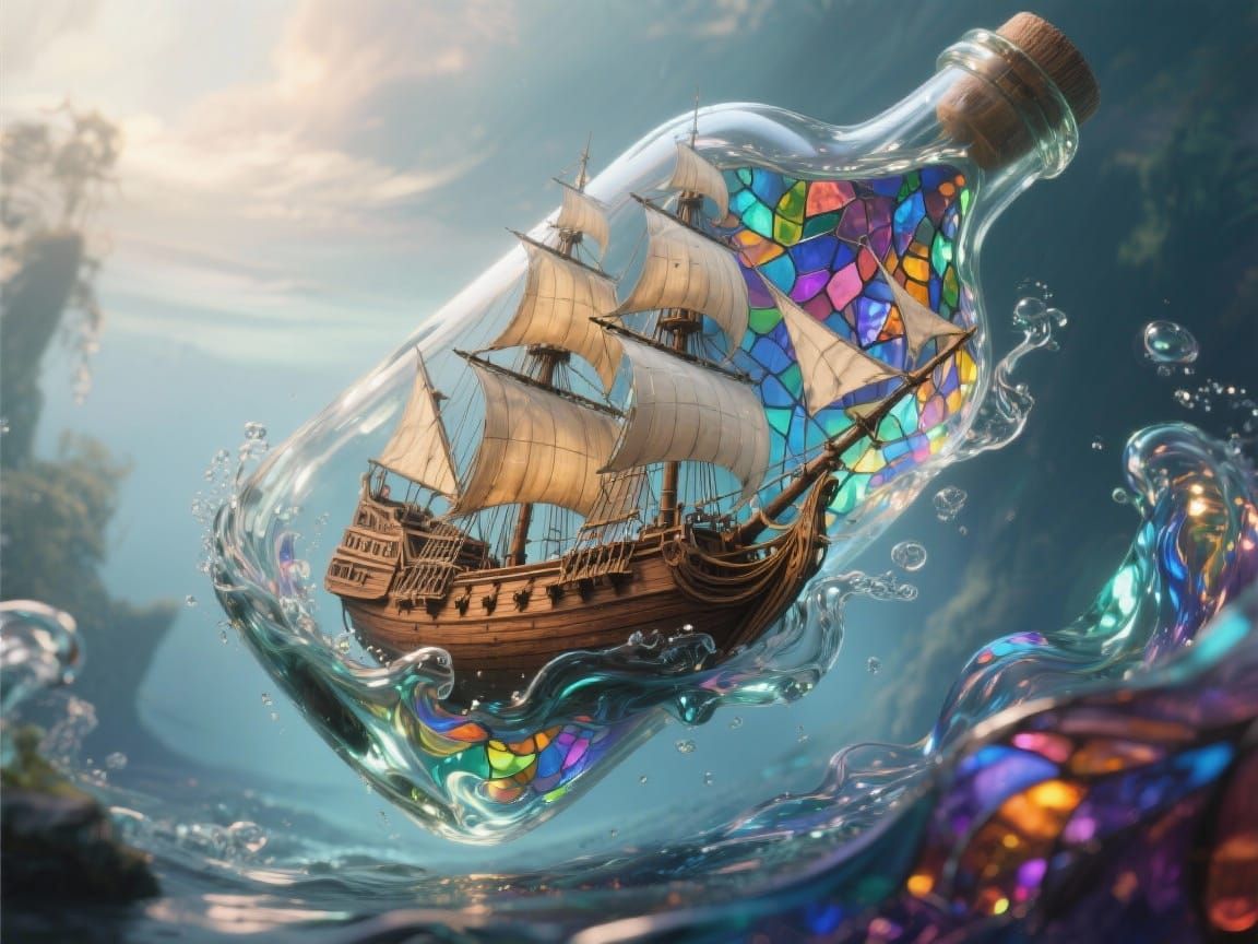 Majestic Ship Inside Water Bottle, Fantasy Art
