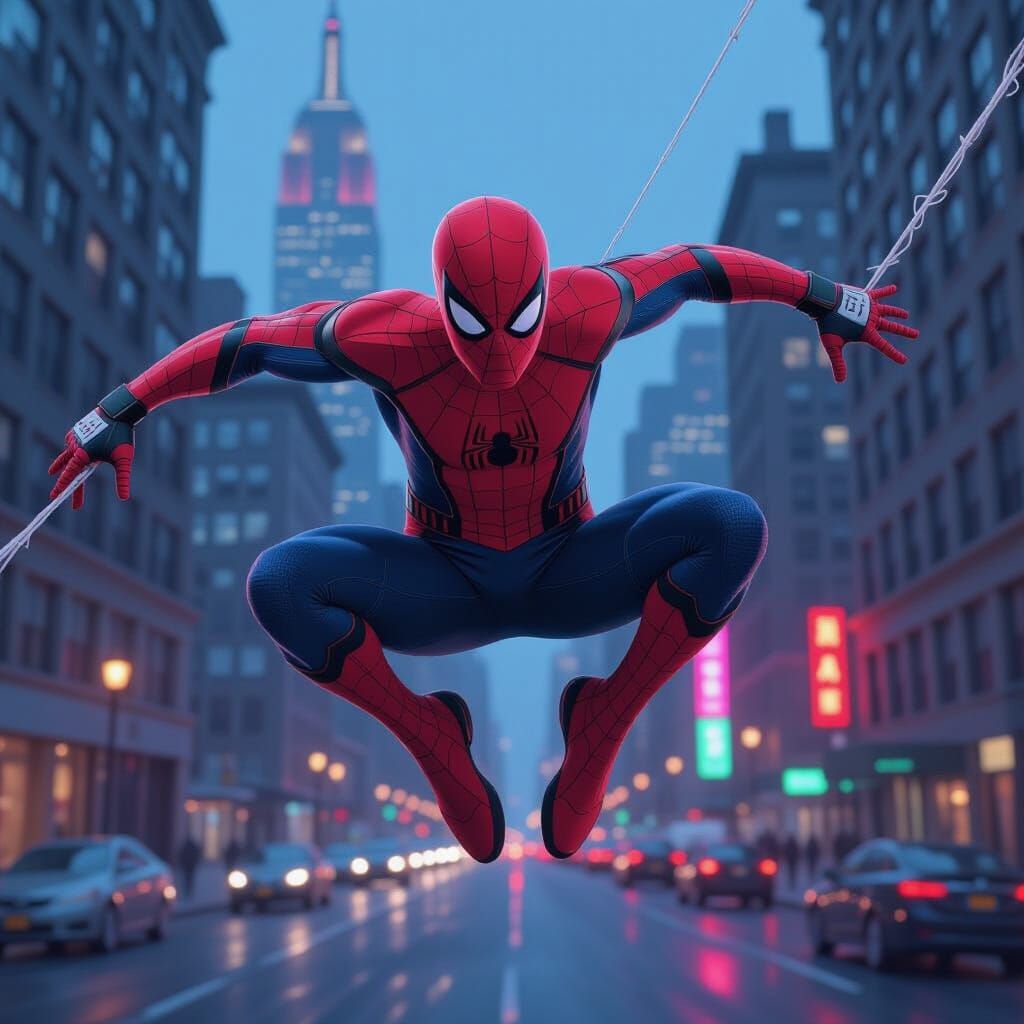 Spider-Man Leaps Through Neon NYC Dusk in Comic Style