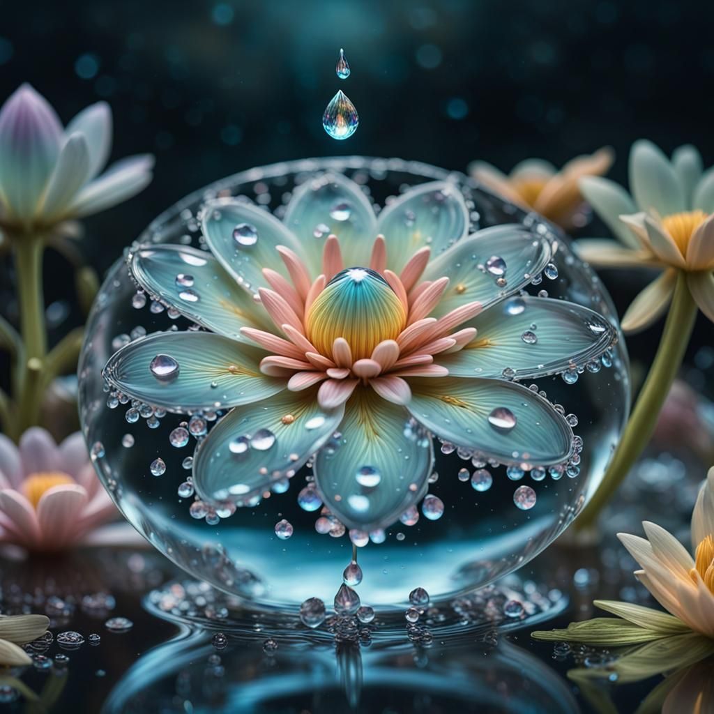 Bioluminescent Water Creature in Pastel Floral Scene