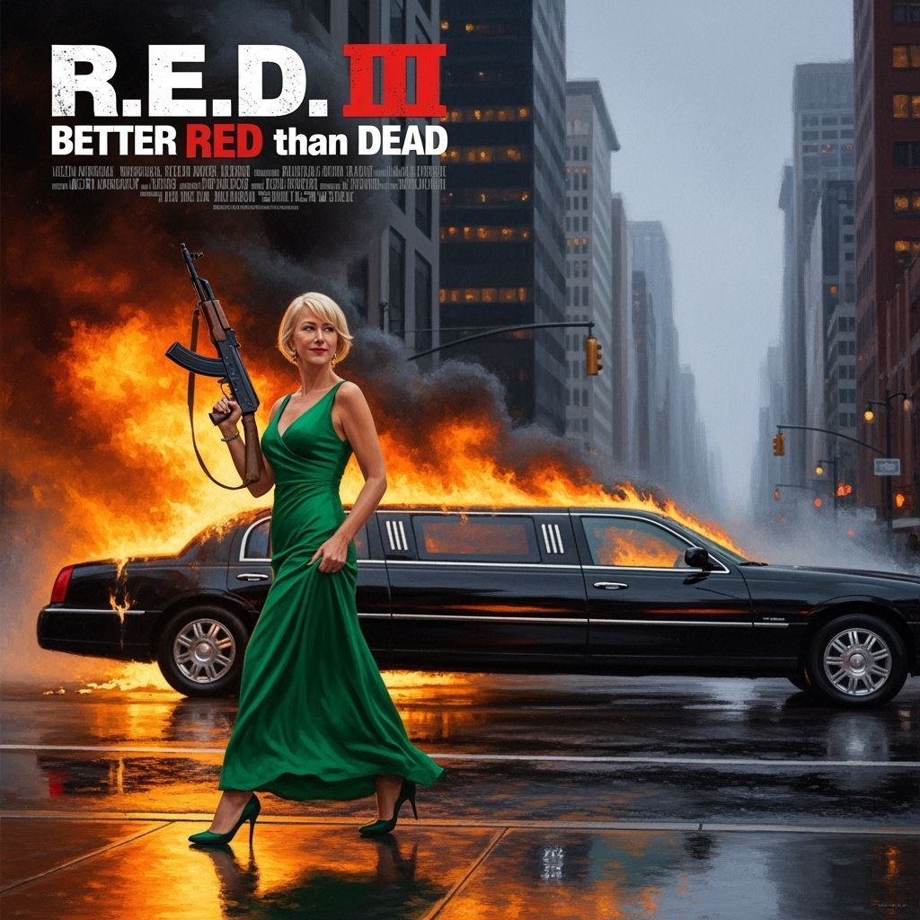 Helen Mirren in Emerald Gown with AK-47, Burning Limo
