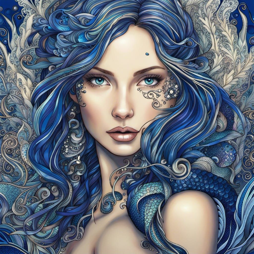 Intricate Royal Blue Mermaid in Light Artistic Style