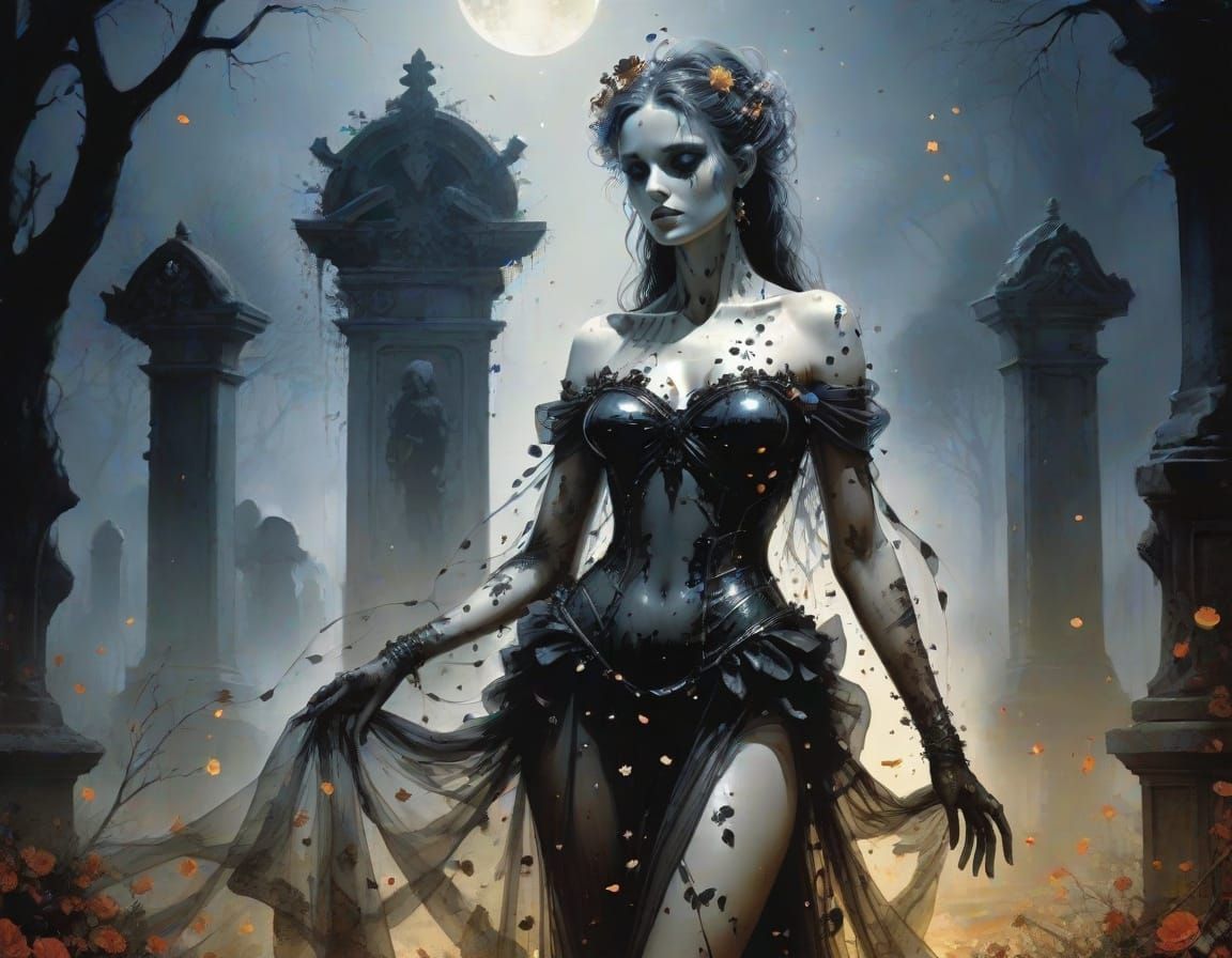 Venus Goddess Surrounded by Falling Petals in a Dark, Surrea...