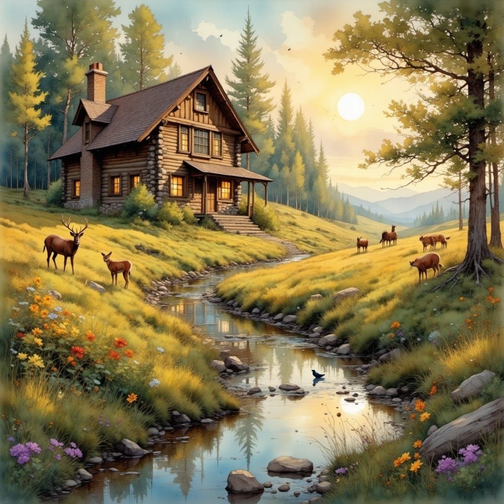 Elegant Cabin in Wildlife Meadow Golden Hour
