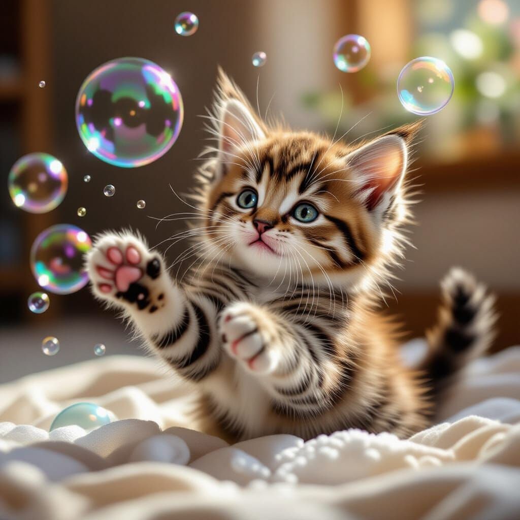 Hyperrealistic Kitten Playing with Soap Bubbles