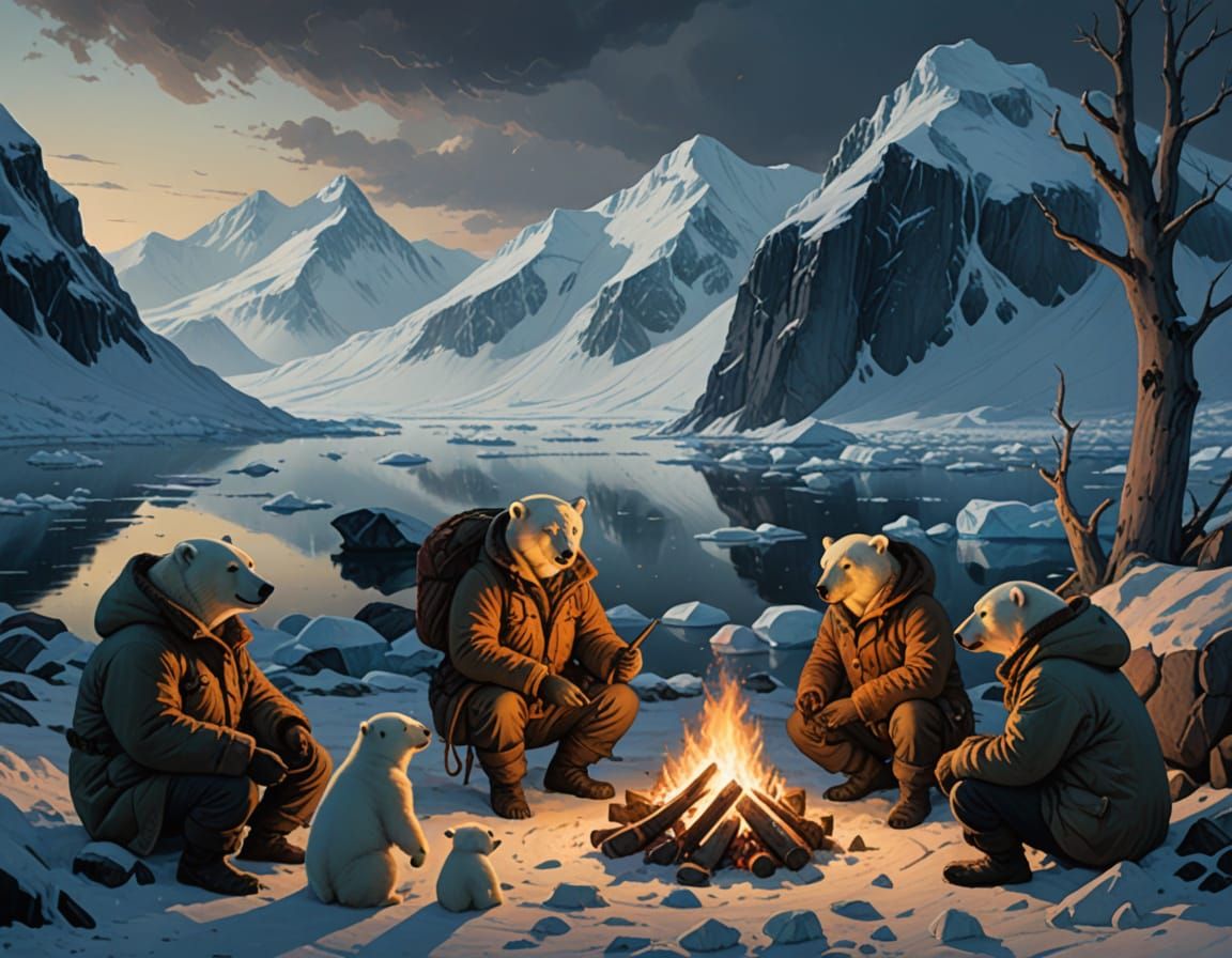 Polar Bears Camping in Whimsical Winter Wonderland