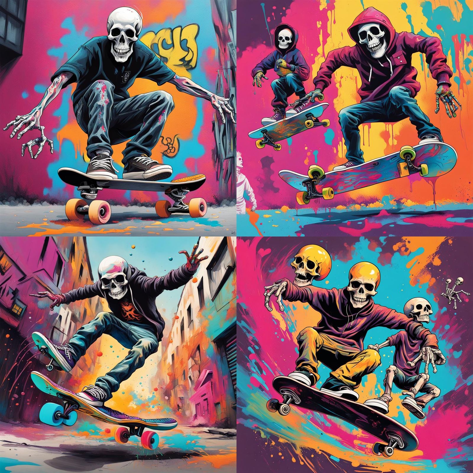 A radical skateboarder doing radical tricks while being watched by two laughing skeletons, wild and crazy action