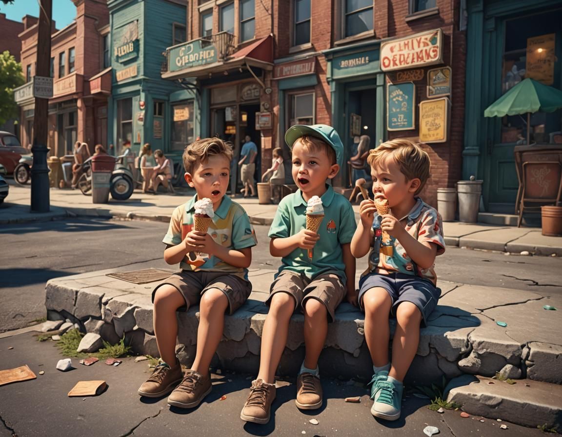 Children Eating Ice Cream in 1950s City