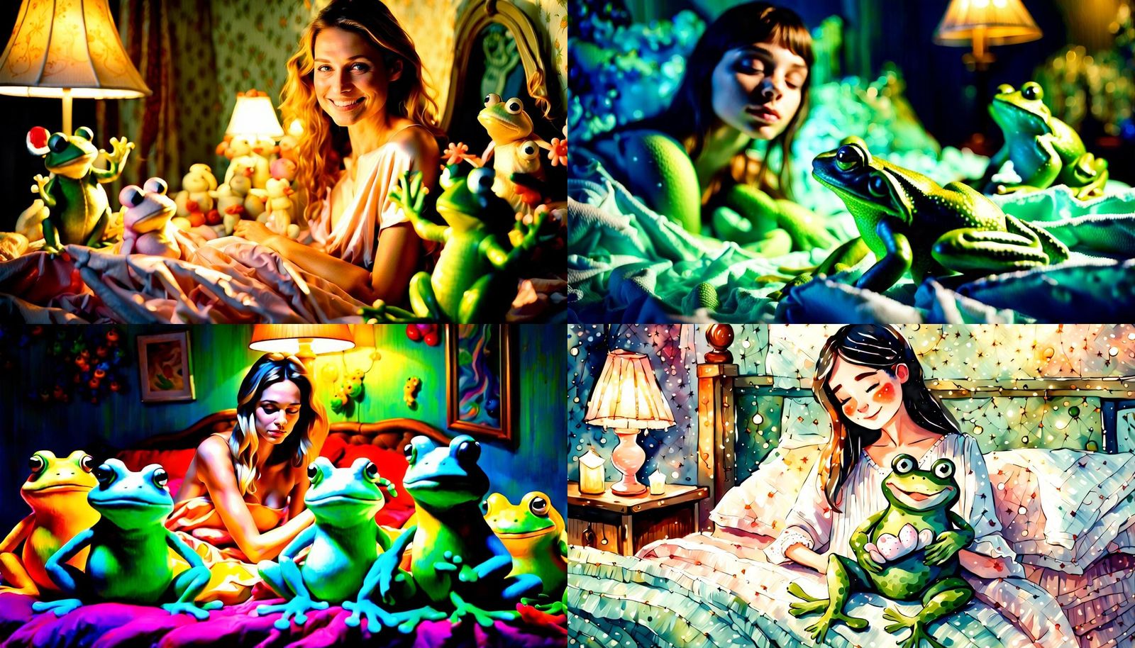 Woman in Silk Nightdress with Frog Plush Toys