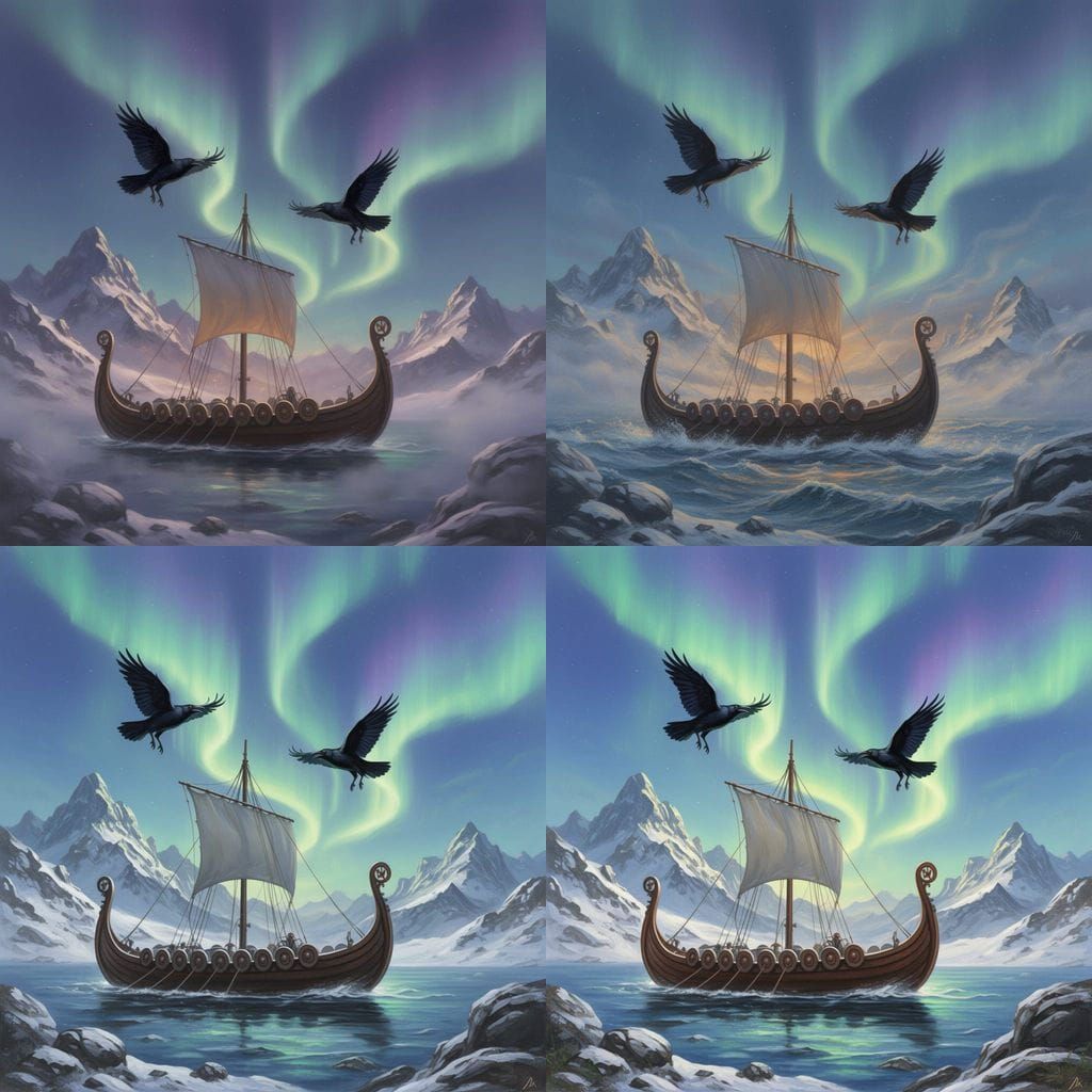 Ravens Soar Over Viking Longship Under Aurora Borealis