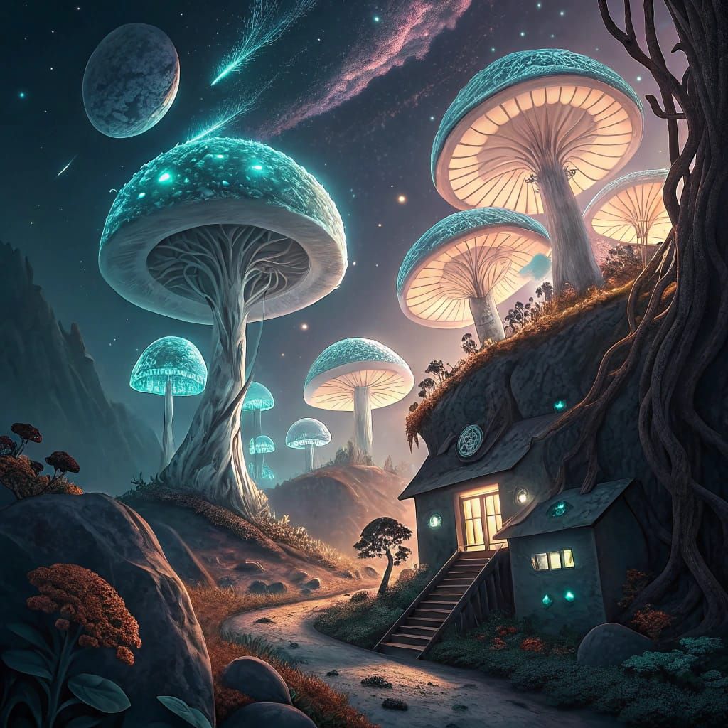 Luminous Moon Base in Zero Gravity, with Bioluminescent Mush...