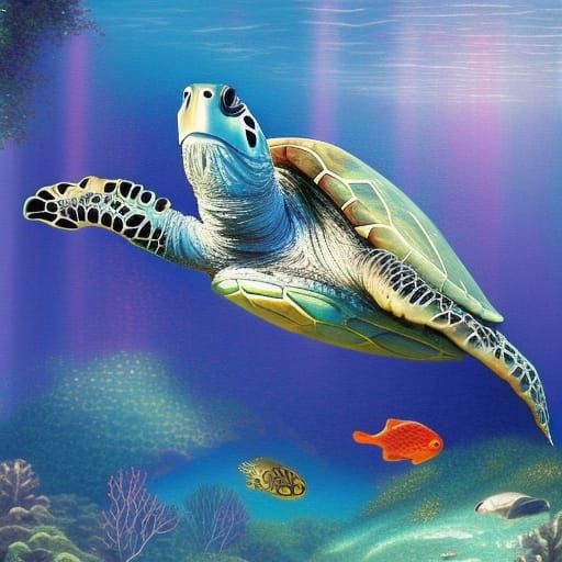 Turtle Swimming Underwater in Fantasy Cayman Island Inlet