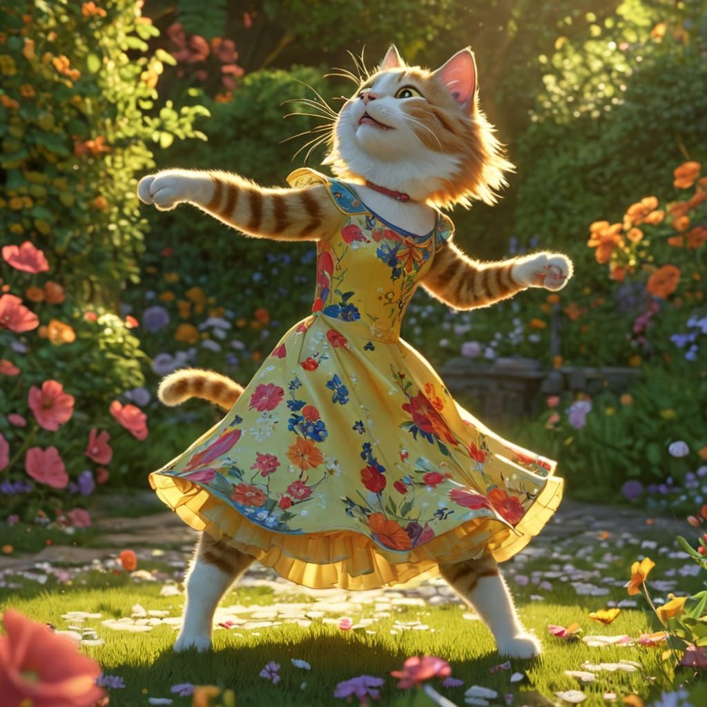 Whimsical Cat Dancing in Garden, Disney Pixar Style