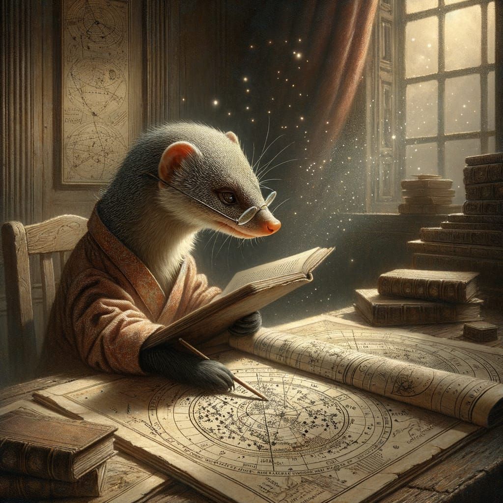 Wise Mongoose Studying Celestial Maps, Storybook Style