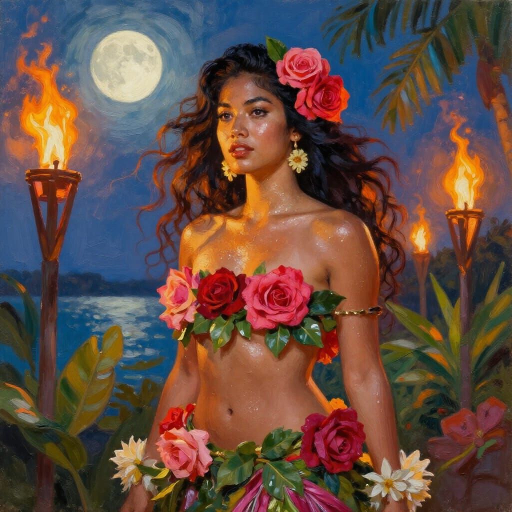 Hawaiian Woman with Roses in Hair, Oil Painting Style