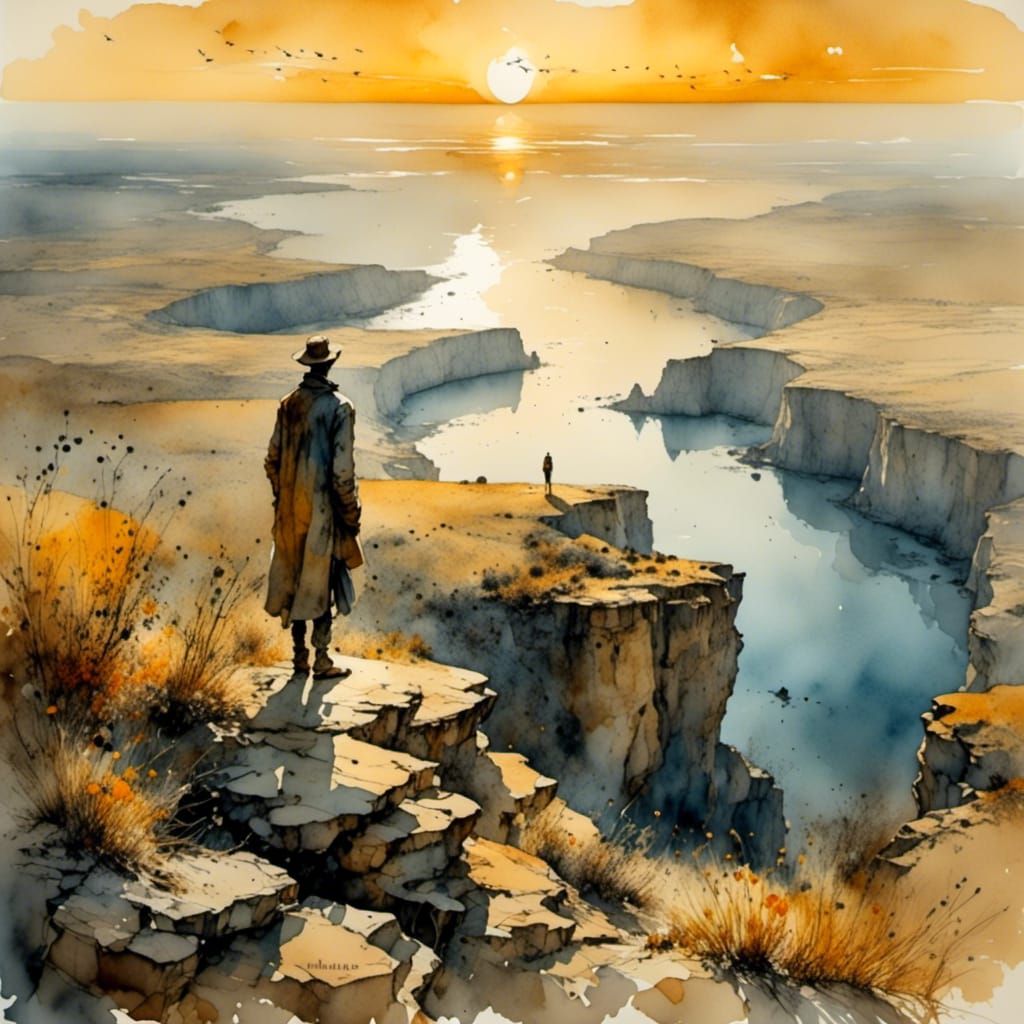 Sunset Silhouette: Lone Figure on Cliffside