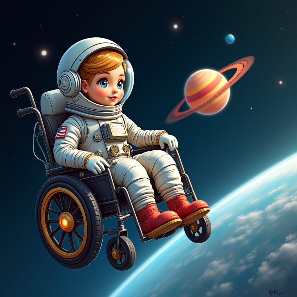 Astronaut in Classic Space Suit Smiles from Wheelchair Space...