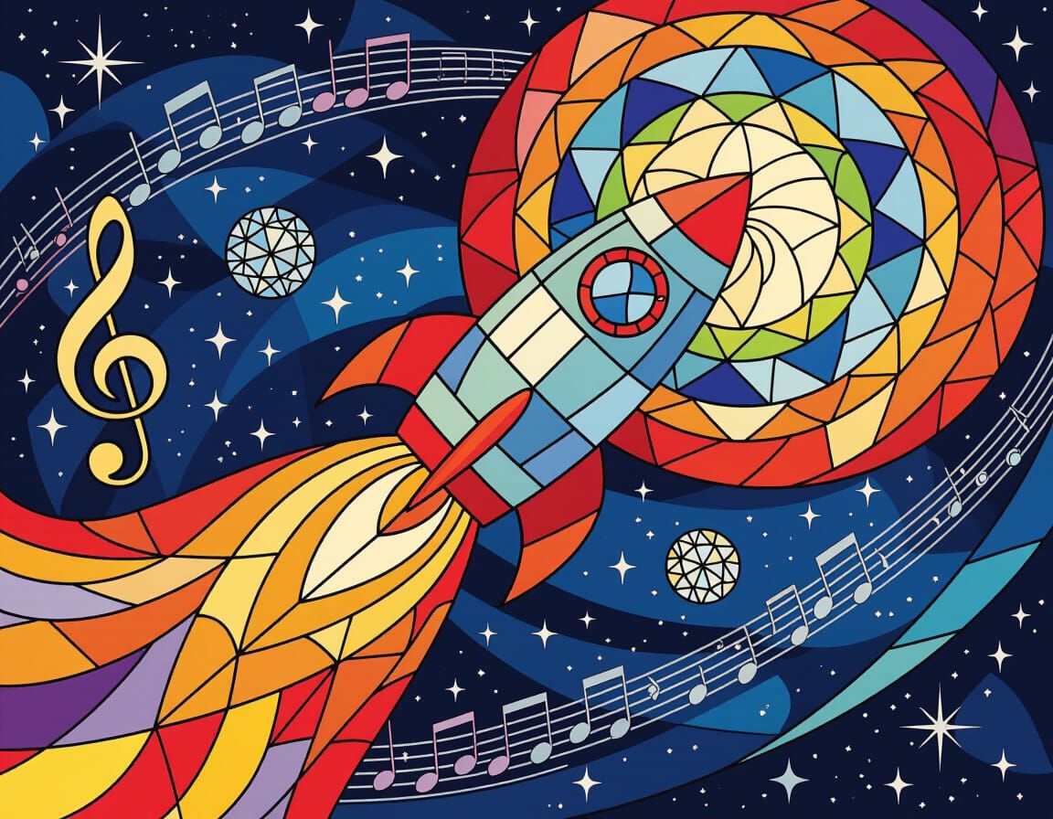 Stained Glass Rocket Flies Through Space