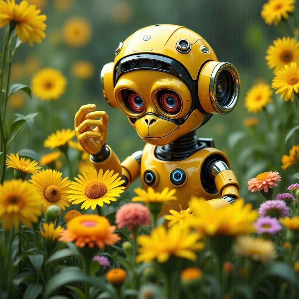 Bright Yellow Robot Monkey Tending a Vibrant Flower Garden i...
