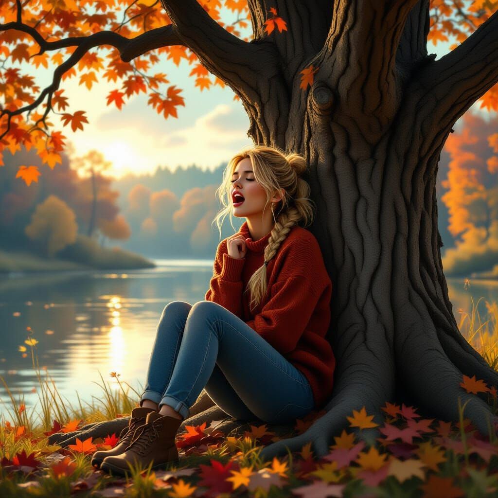 Woman in Tree, Photorealistic Autumn Landscape