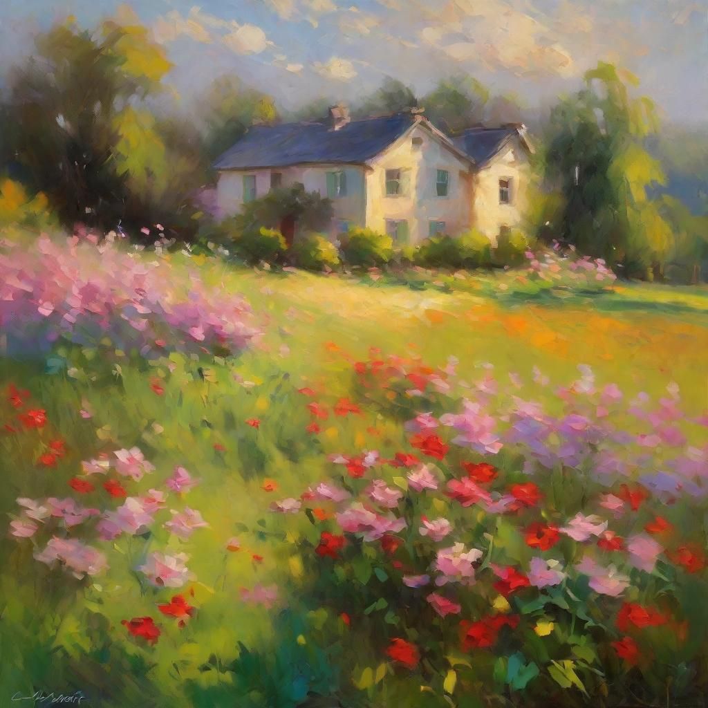 Idyllic Country House in Impressionist Flower Field