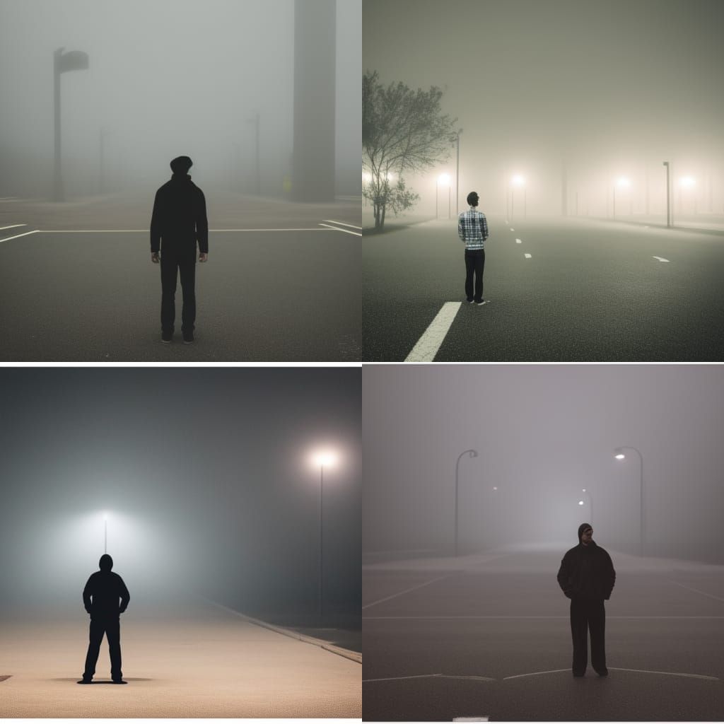 Solitary Figure in Foggy, Empty Parking Lot
