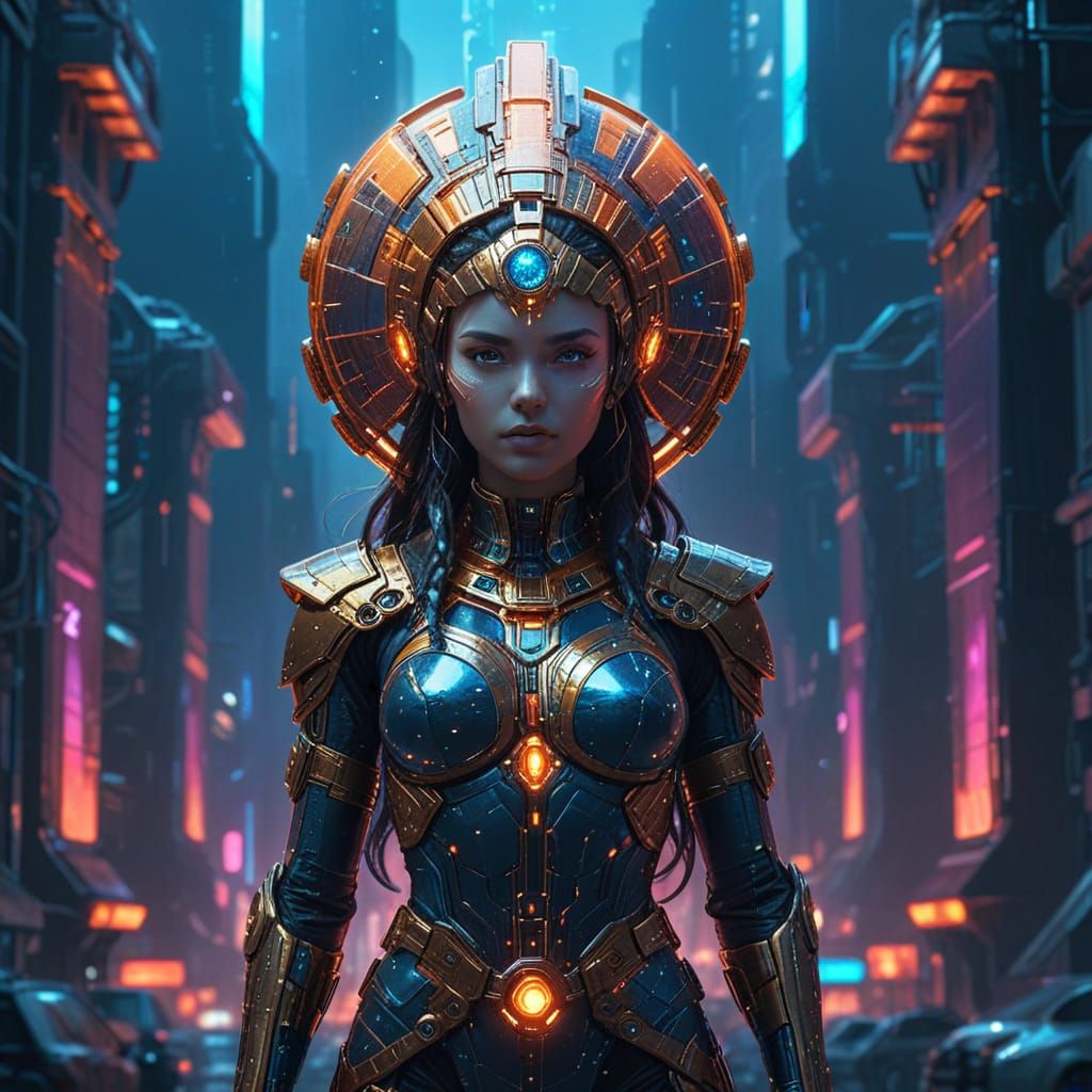 Sci-fi Goddess in Futuristic City with Neon Lights