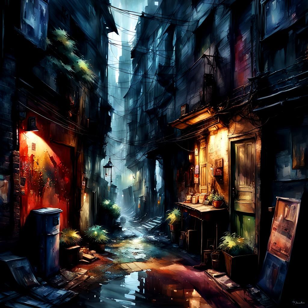 Night Alley in Digital Watercolor Style