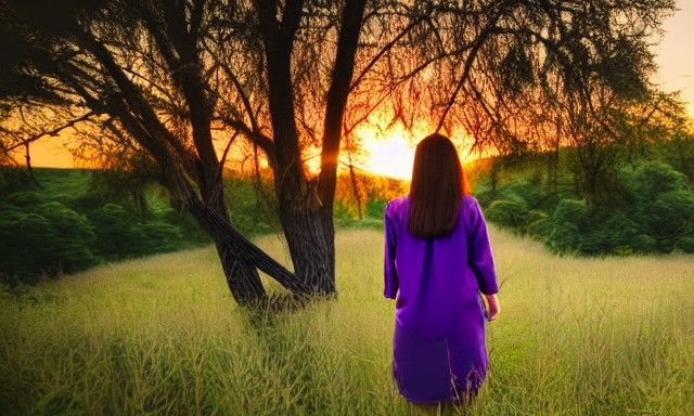 Woman, Samoyed, Sunset in Nature