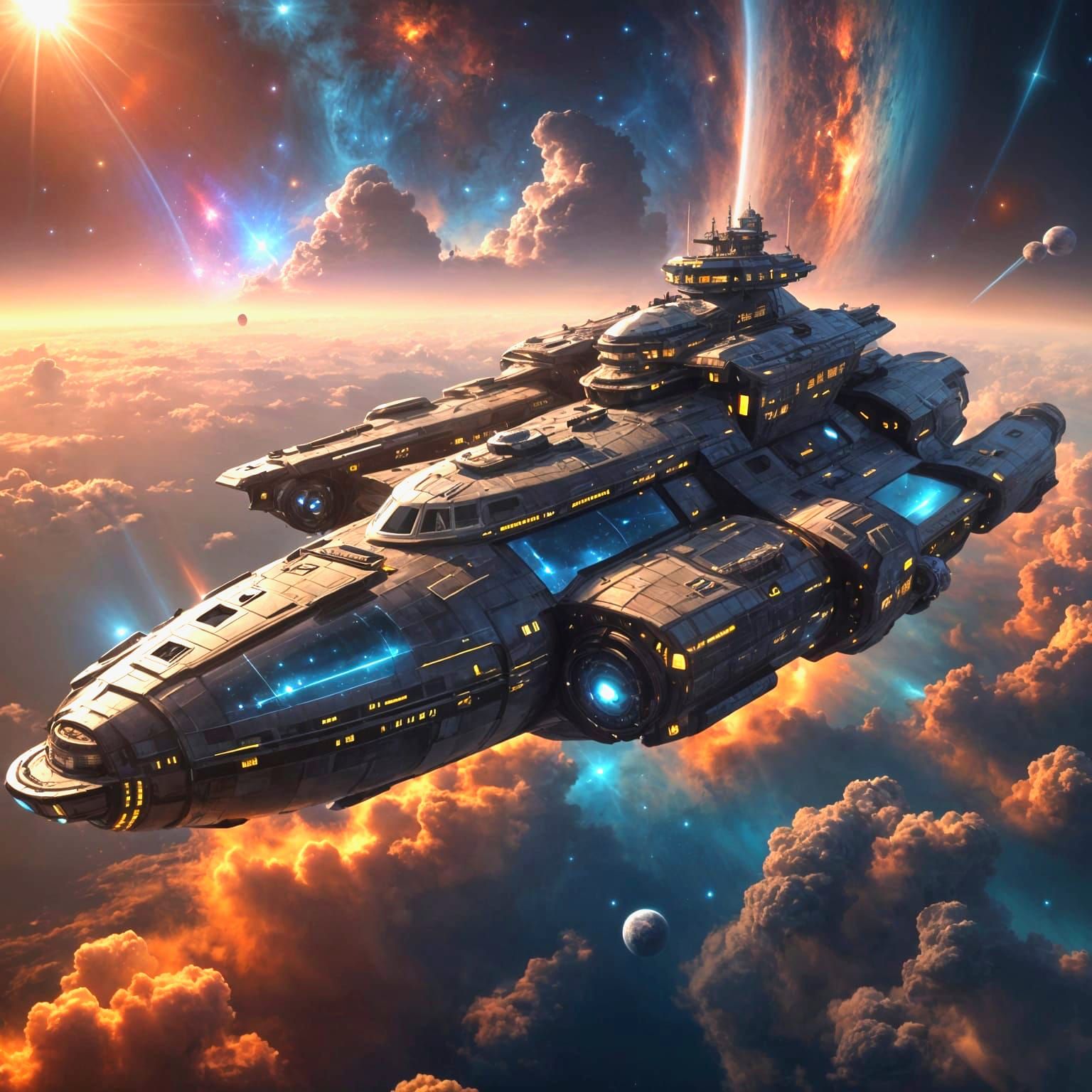 Epic Star Freighter Orbiting a Galactic Planet