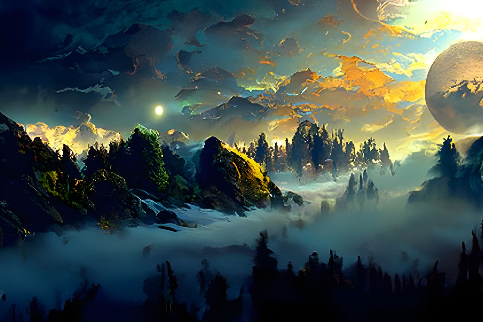 Moon Over Misty Mountains Landscape Painting
