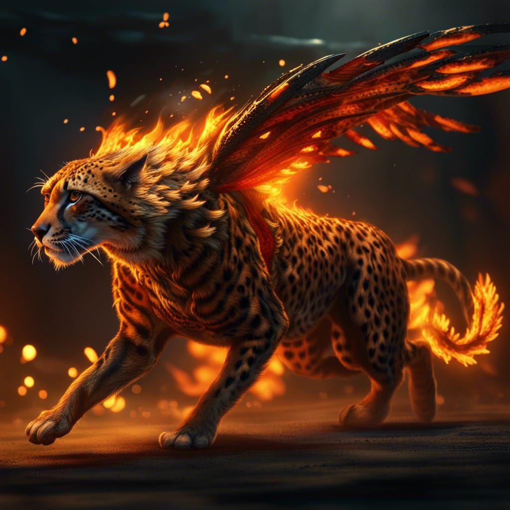 Furious Fire-Winged Cheetah Pursuing Tiger: Dark Fantasy Art