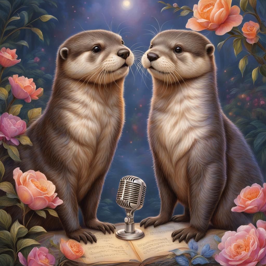 Baroque Otters Sing: A Whimsical Ink Illustration