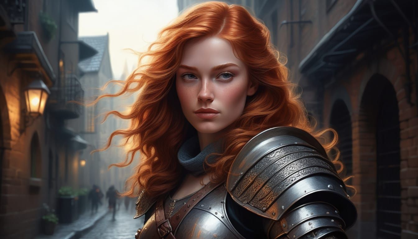 Red-Headed Rogue in Dim Alleyway: Pastel Fantasy Portrait