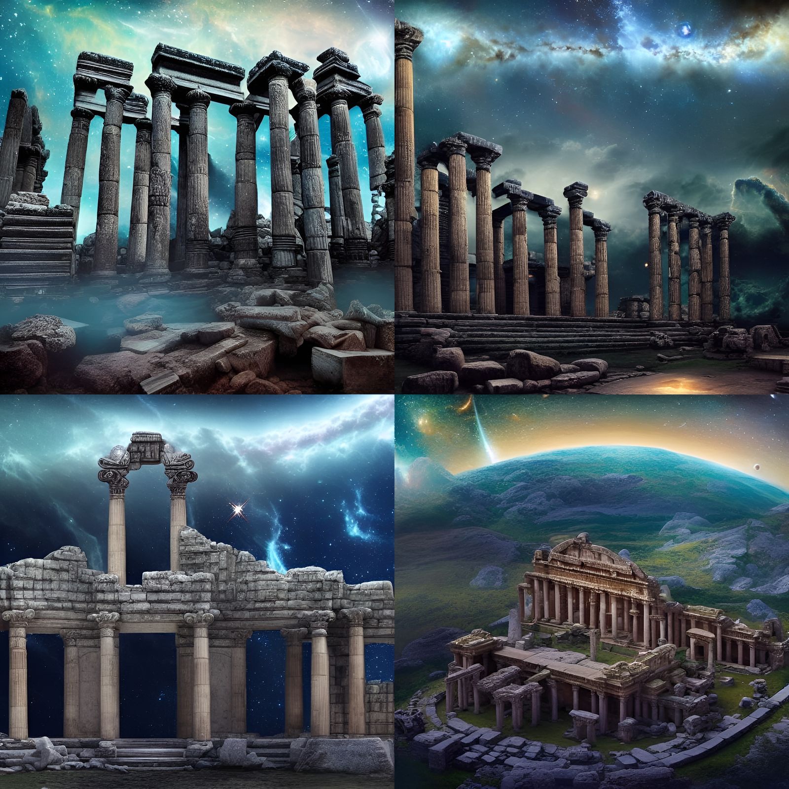 Ancient Temple Ruins Under Cosmic Sky