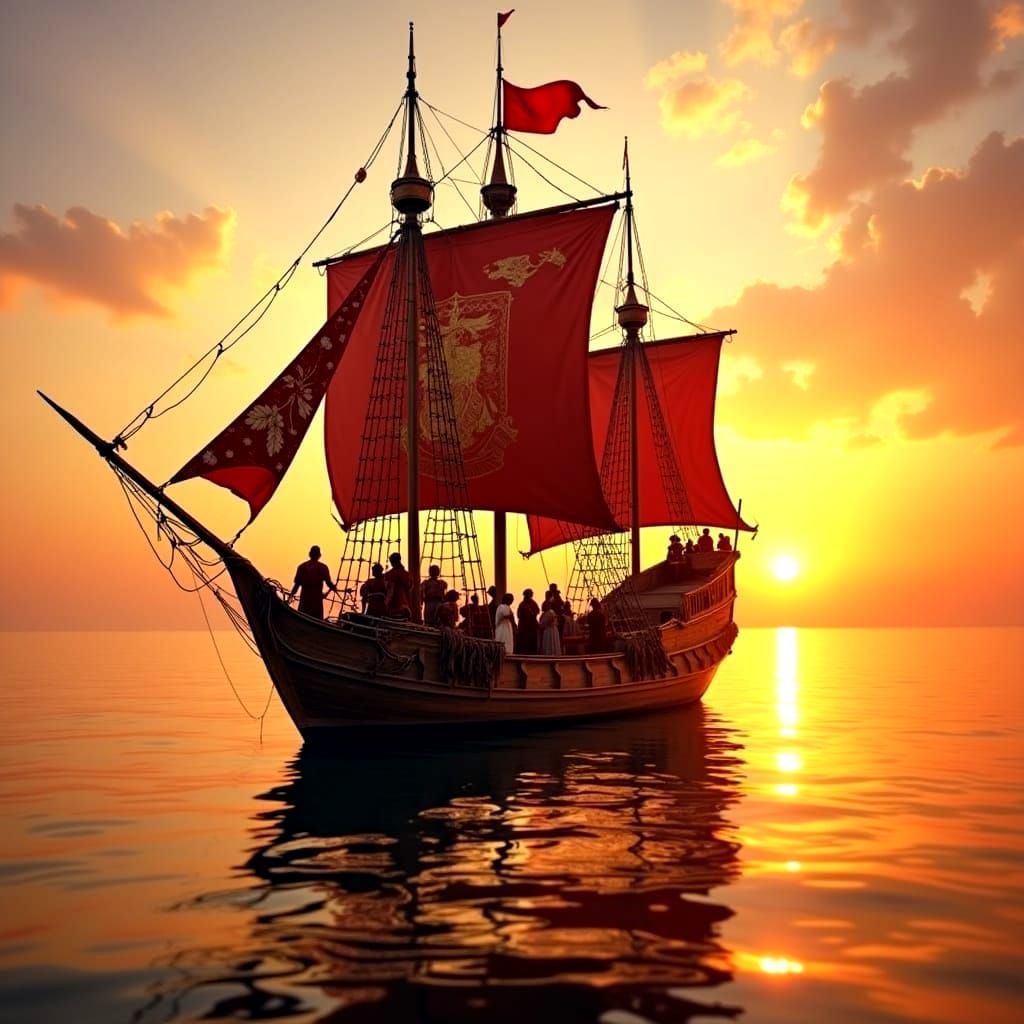 Medieval Ship Sailing at Sunset with Eccentric Travelers