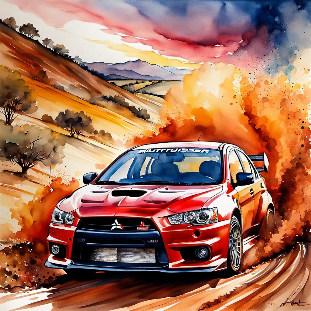 Mitsubishi Lancer Evolution Racing: Watercolor Ink Painting