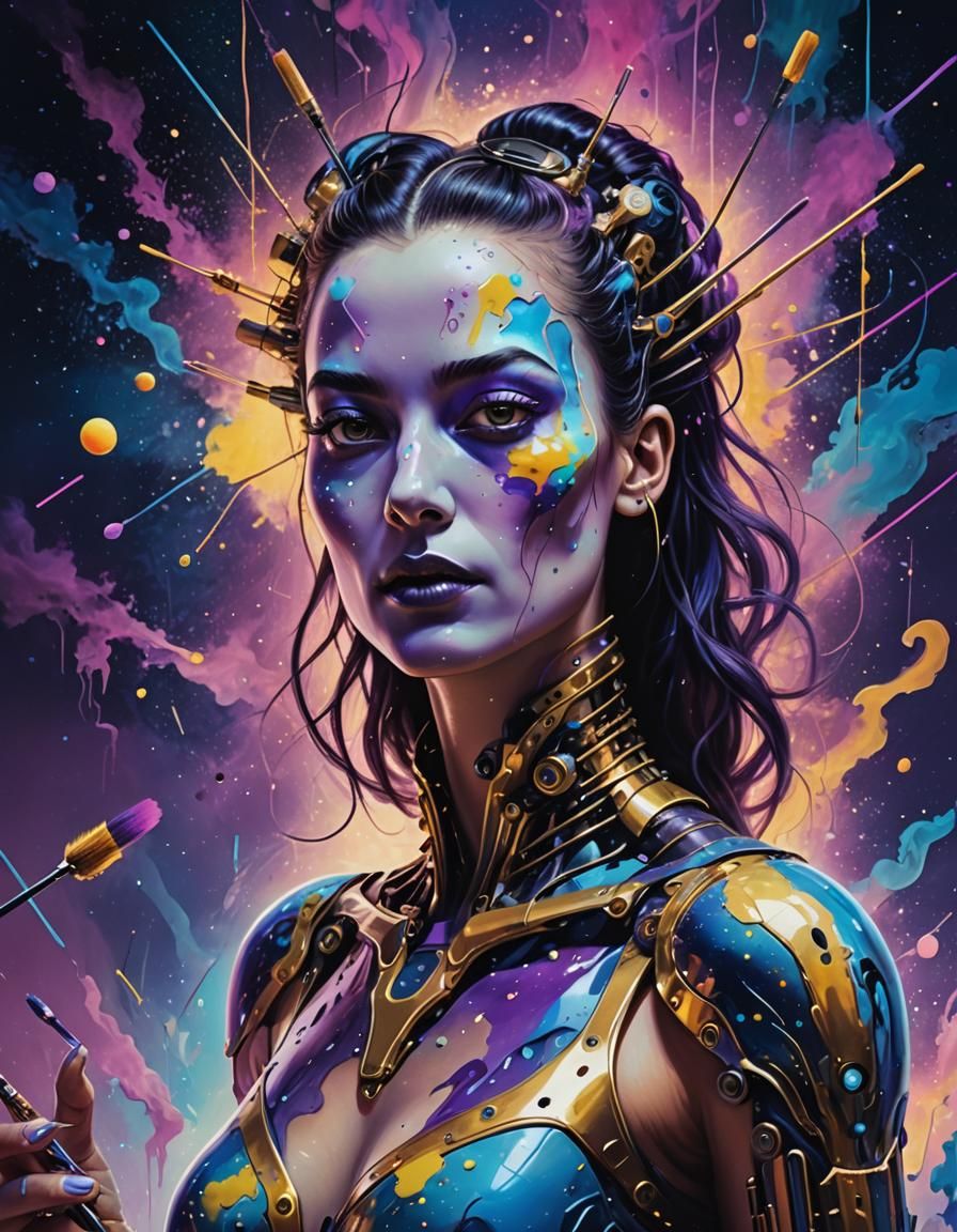 Cyborg Artist in Neon Universe: Hyperrealistic Digital Art