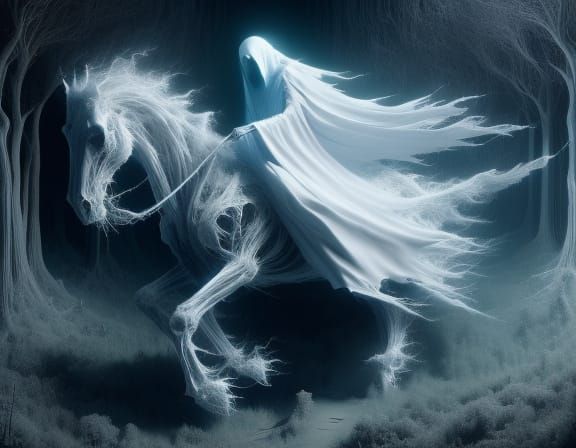 Ethereal Victorian Ghostly Figure Strolls Under Moonlit Nigh...