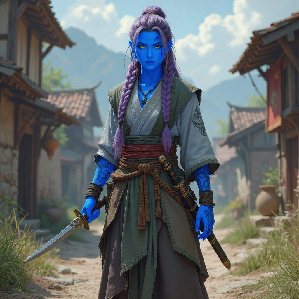 Asian Water Genasi Acolyte in Fantasy Village
