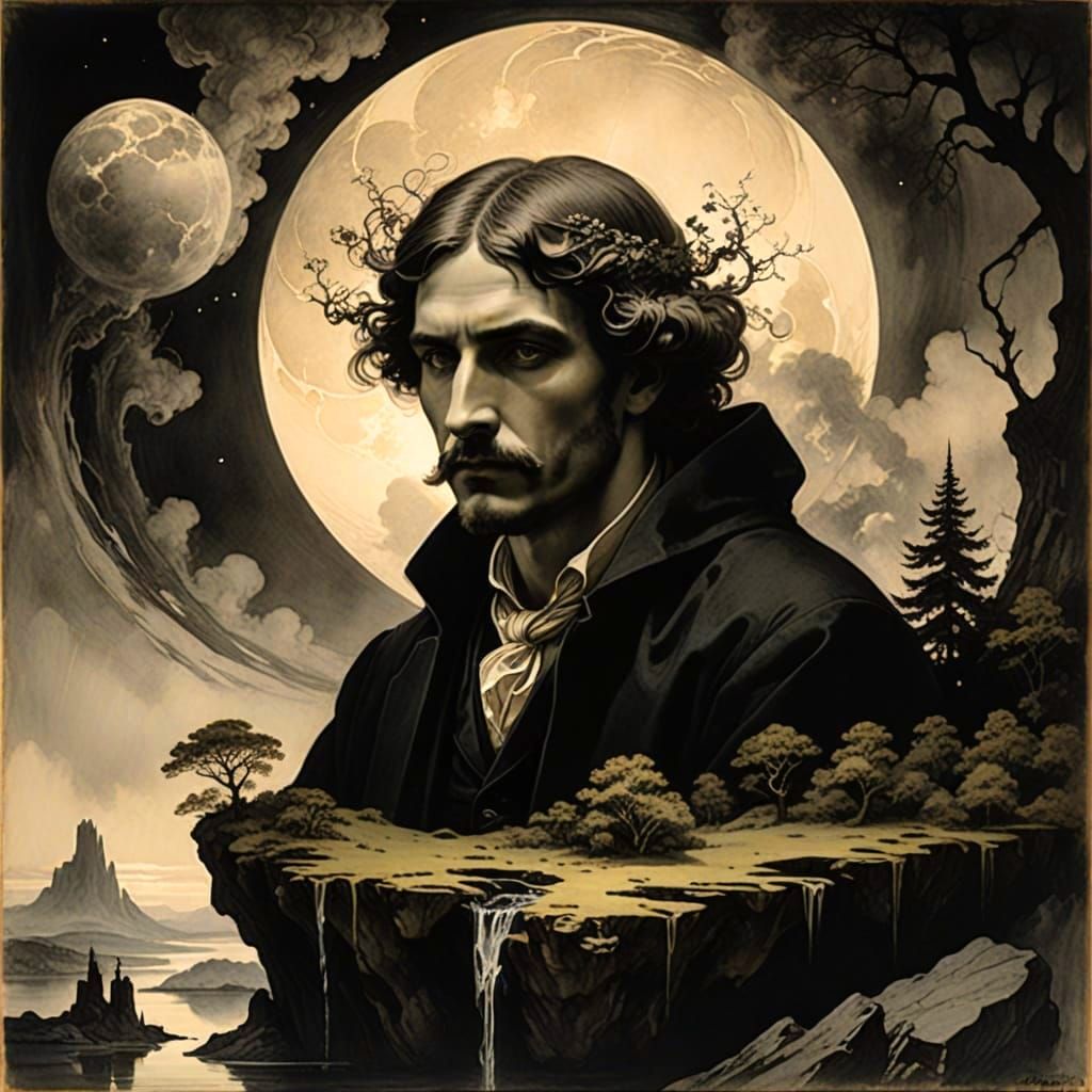 Ethereal Charcoal Portrait in Art Nouveau Style