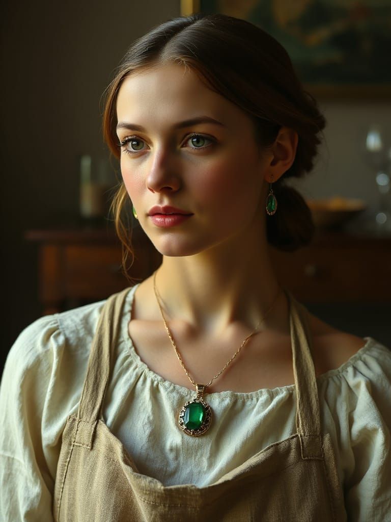 Vermeer-Inspired Woman with Emerald Pendant
