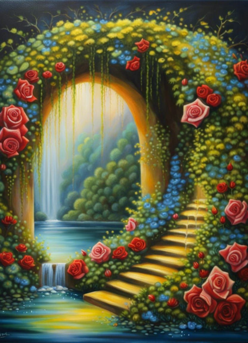 Fantasy Winter Landscape Oil Painting with Floral Arch