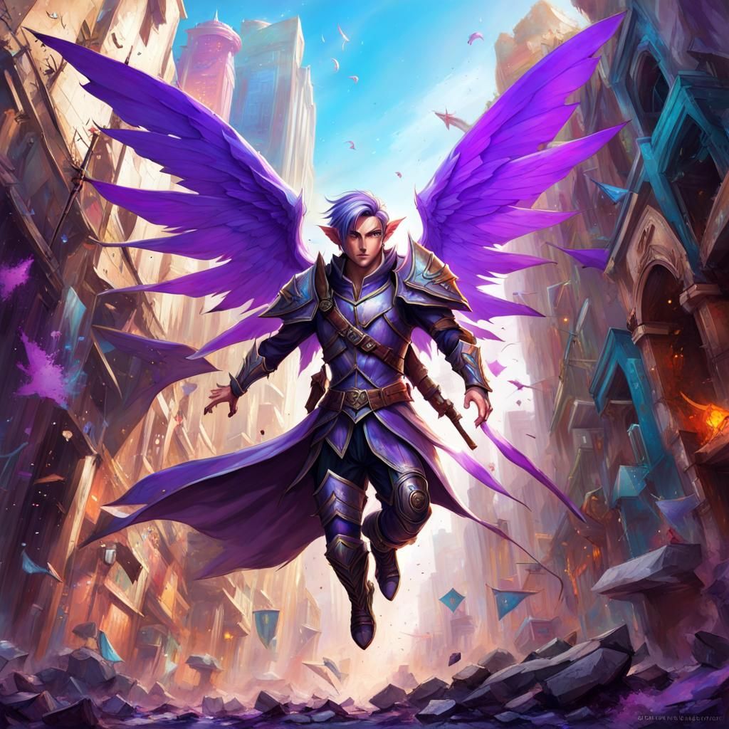 Winged Elf Warrior in Ruined City, Graffiti Art