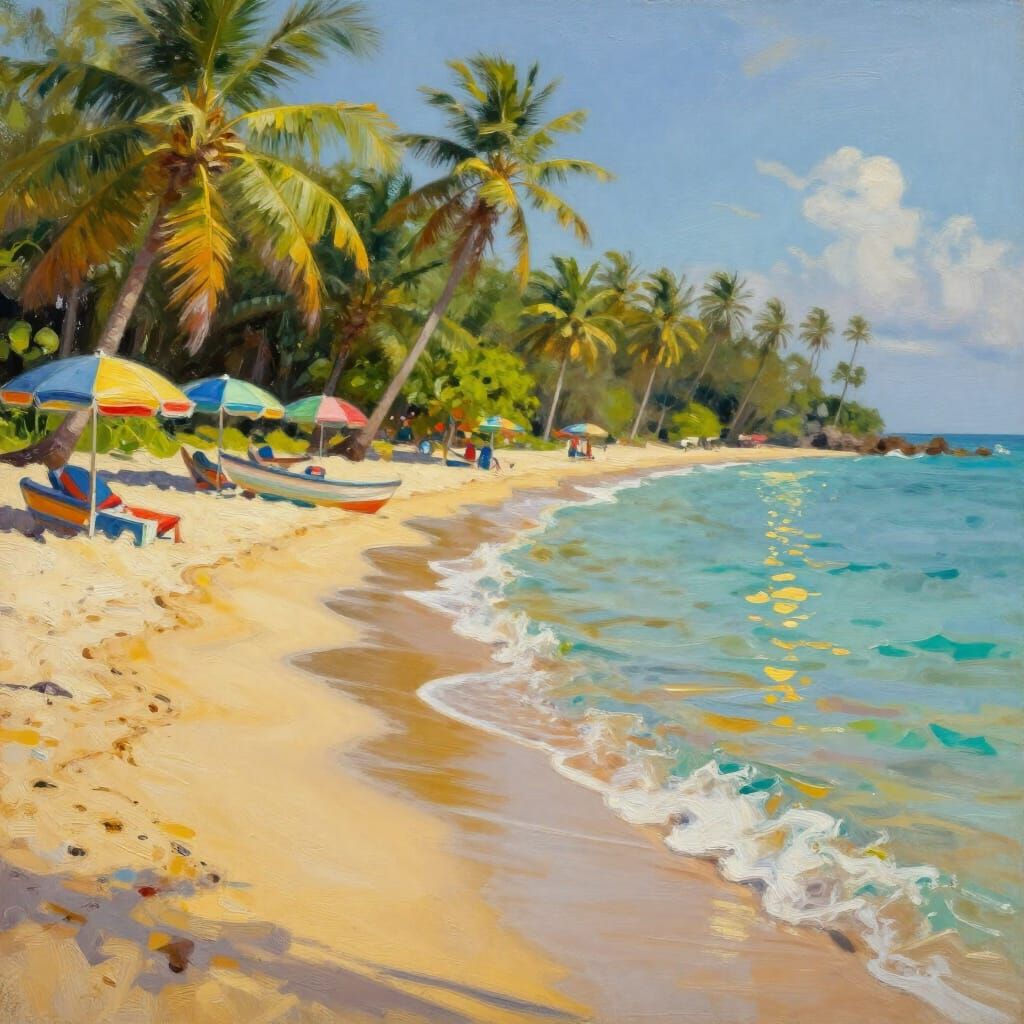 Vibrant Jamaican Beach Oil Painting in Sunlight