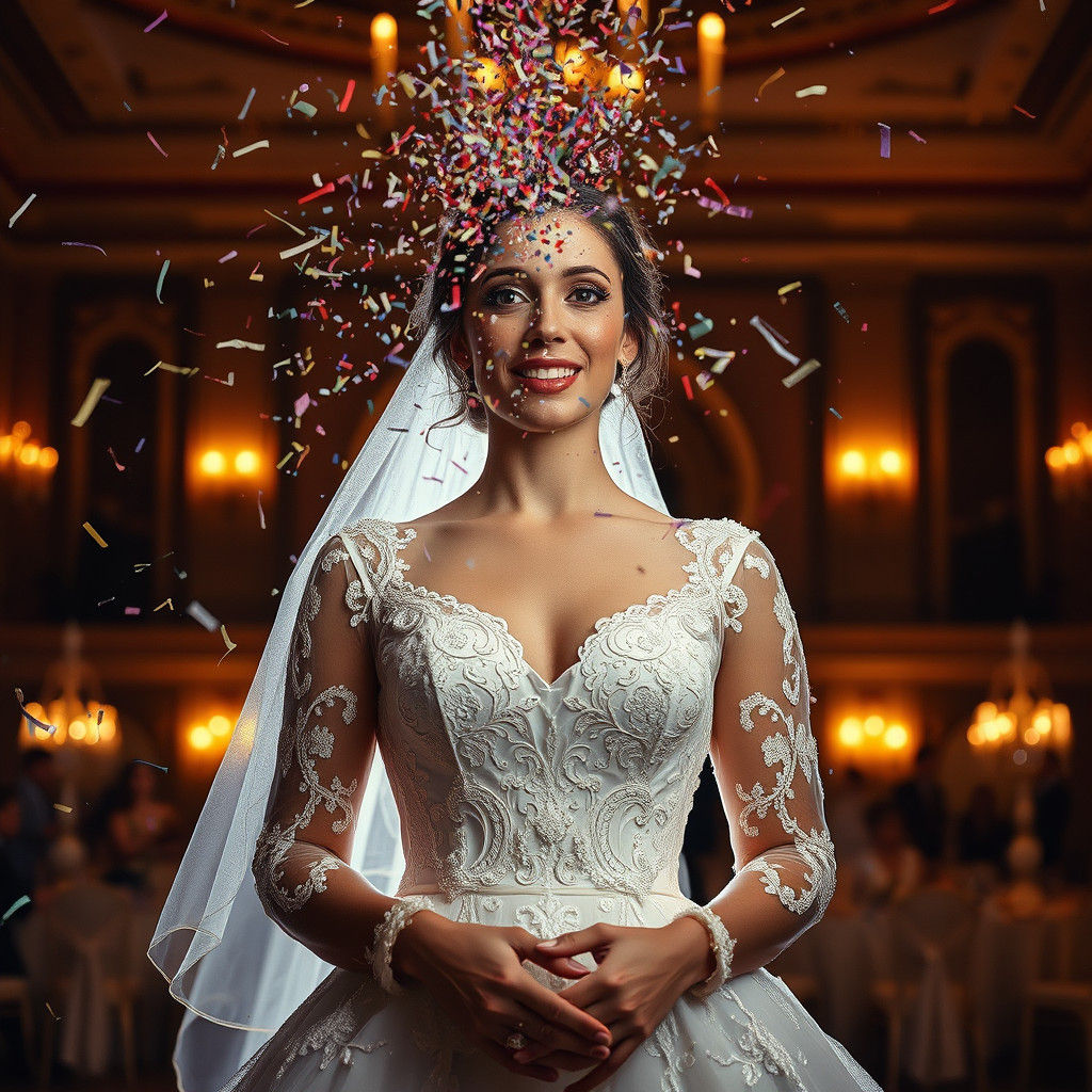 Bride Hit by Confetti Cannon in Hyperrealistic Detail