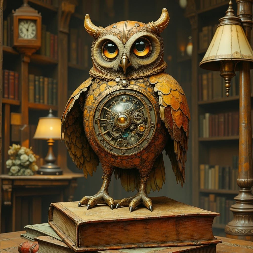 Steampunk Clockwork Owl in Dimly Lit Library