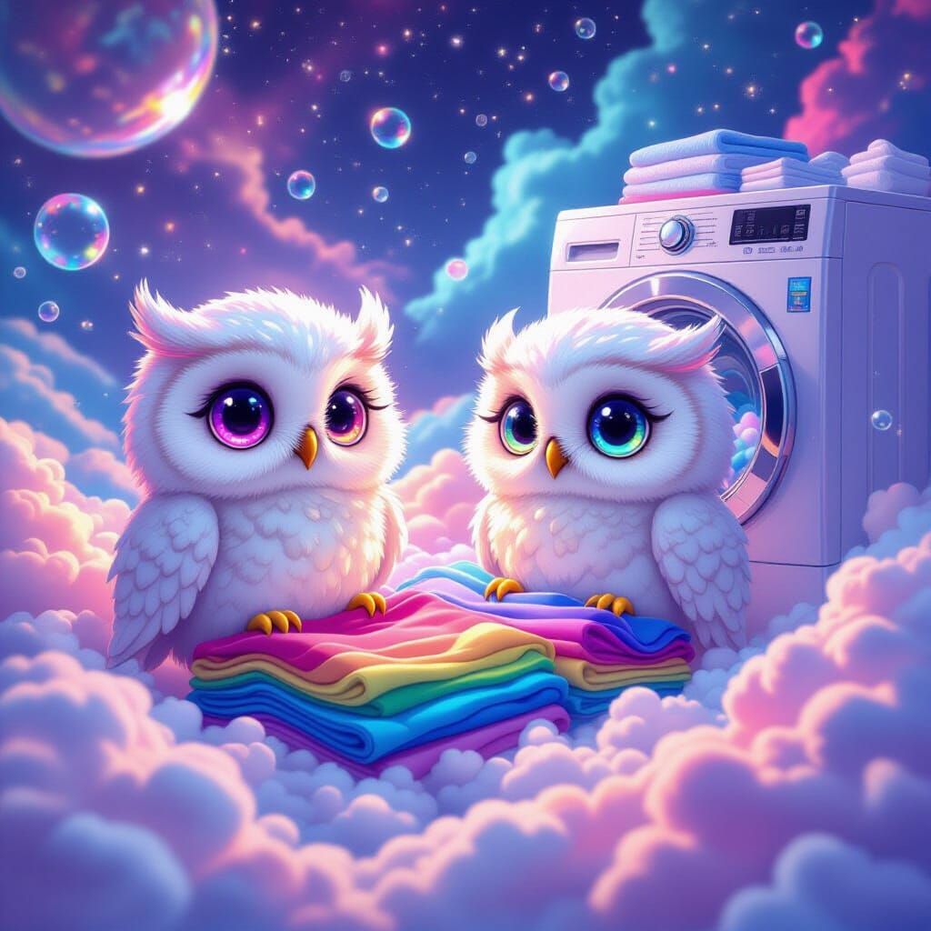 Cosmic Laundromat with Cloud Owls in Psychedelic Style