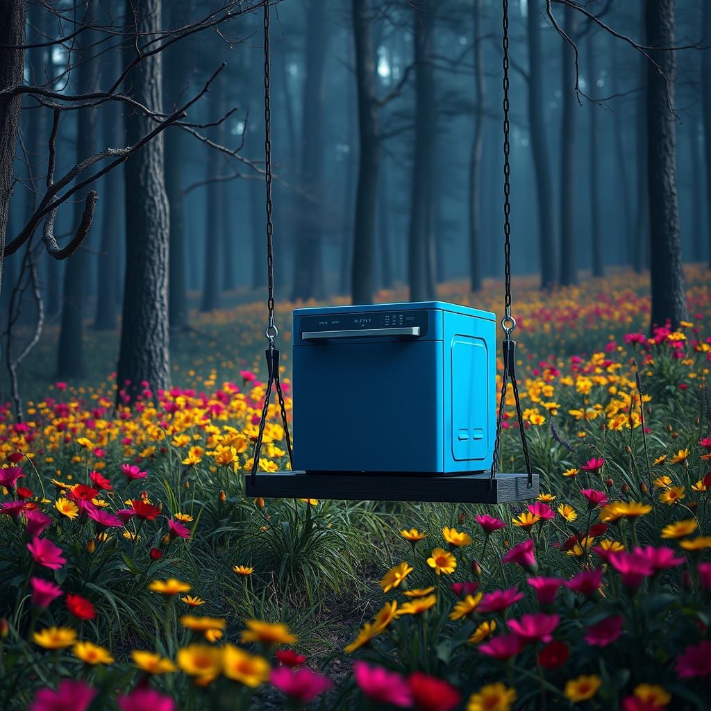 Blue Dishwasher on a Meadow Swing, Dark Fantasy Style