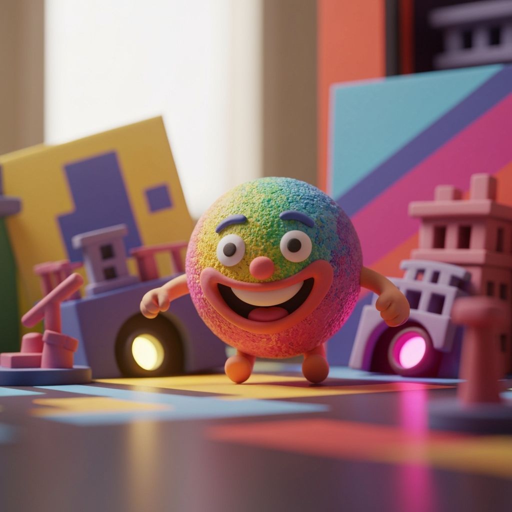 Whimsical Claymation Gumball in Vibrant Mixed-Media Scene