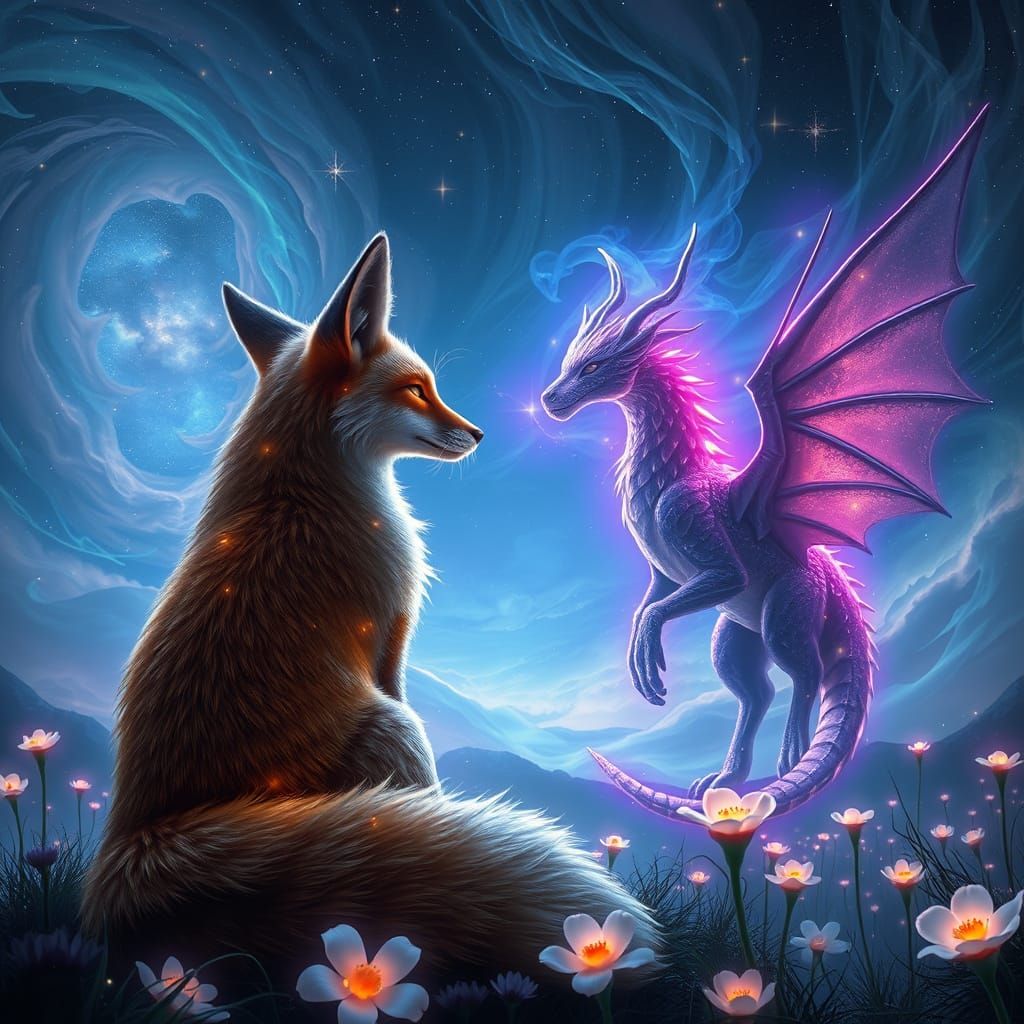 Luminous Fox Watches Winged Dragon in Fantastical Sky